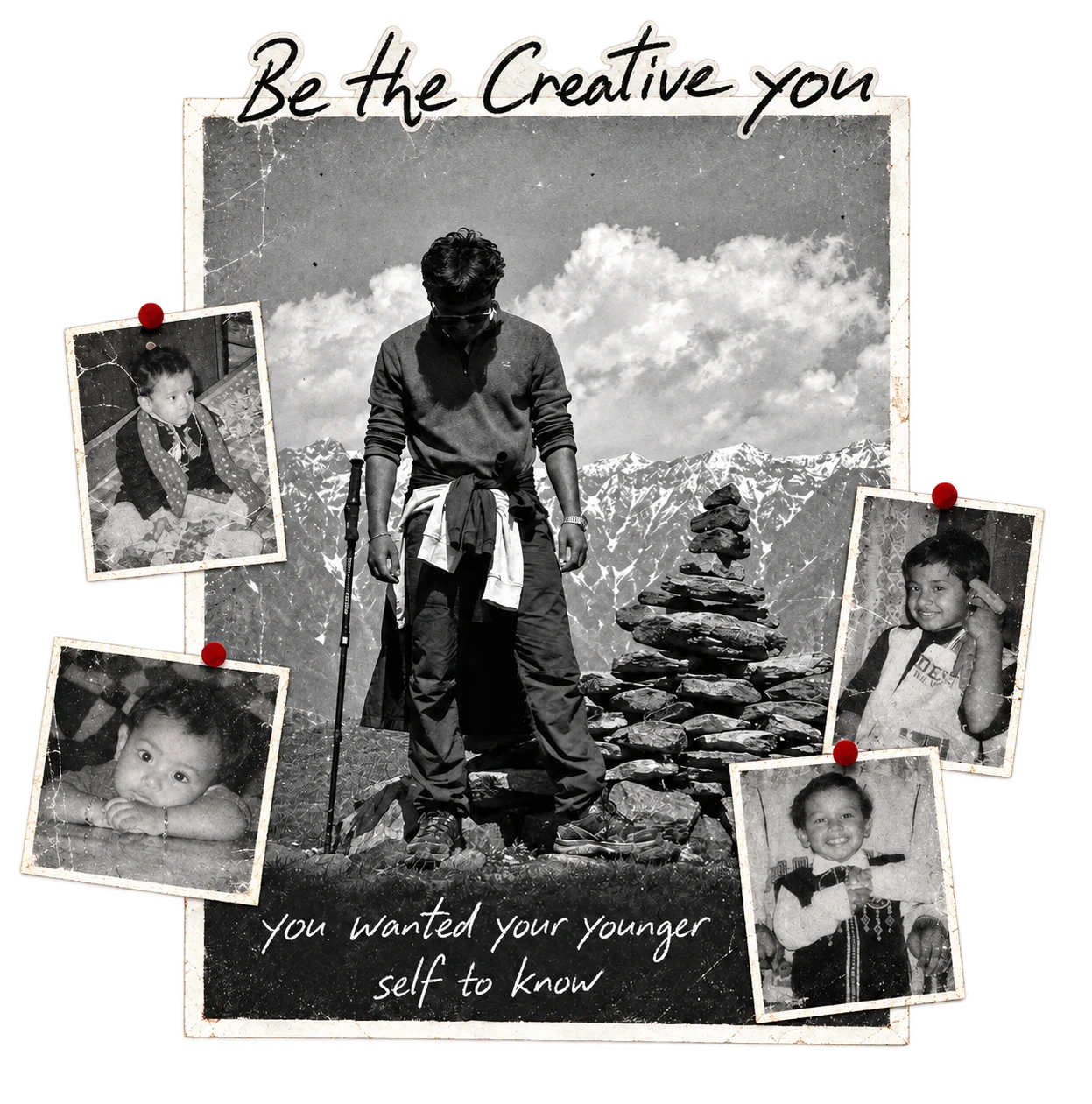 Akshit hiking in the mountains, surrounded by pinned childhood photographs